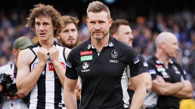 Chris Mayne and Nathan Buckley after the 2018 Grand Final.