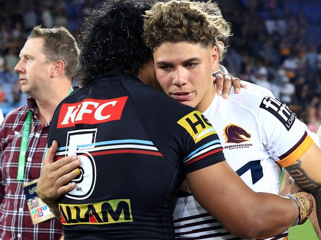 Brian ToÃO and Reece Walsh after the 2023 NRL Grand Final between the Brisbane Broncos and the Penrith Panthers at Accor Stadium, Sydney Olympic Park. Pics Adam Head