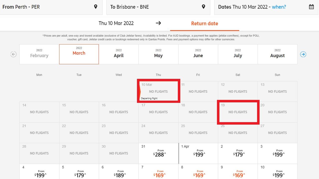 Flights out of Perth won't return until the beginning of April.