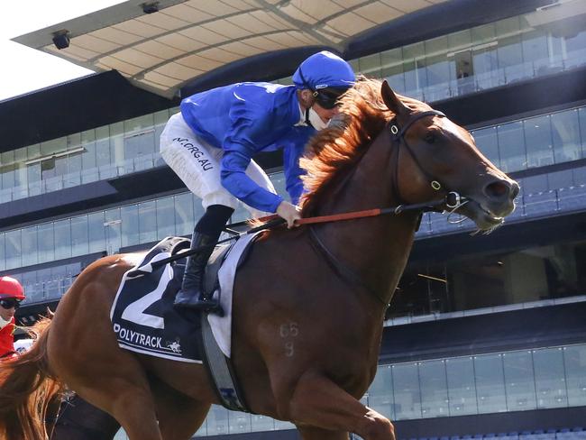 SYDNEY, AUSTRALIA - OCTOBER 09: James McDonald (all blue) on Paulele wins race 5 the Polytrack Roman Consul Stakes during Sydney Racing at Royal Randwick Racecourse on October 09, 2021 in Sydney, Australia. (Photo by Mark Evans/Getty Images)