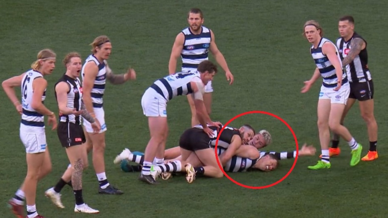 Patrick Dangerfield getting tackled by Jack Ginnivan. Picture: Supplied