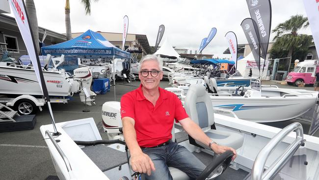 The Gold Coast International Boat Show and Marine Expo had heavyweight backing from Gold Coast boat building giant Riviera whose brand and communications director was on the Expo committee. He is pictured among the 600-boat display worth $150 million earlier this year. Picture: Richard Gosling