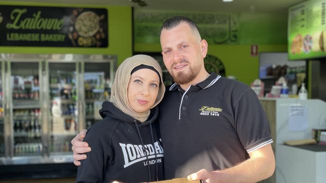 Nina Takriti with her husband Sam at their business in Camden. The pair have been giving meals away for free to those impacted by the floods, the fourth in 2022. Picture: Annie Lewis