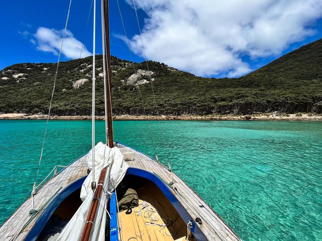 Huia shelters in Winter Cove, Deal Island, during a voyage across Bass Strait. Picture: Nick Jaffe (Instagram @nick_jaffe)