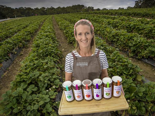 Jacki Gilbert showcasing some of the Beerenberg products being exported to Texas, pictured in the farm’s strawberry field. Picture: Roy VanDerVegt