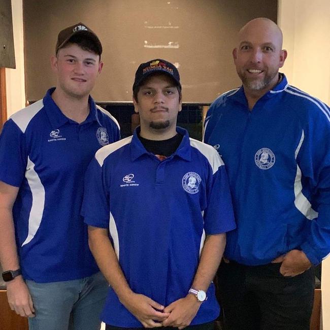 Port Noarlunga Football Club player Nick Steele (left) and coach Clint Howes (right) with new recruit Ian Milera Picture: Supplied, Port Noarlunga Football Club Facebook