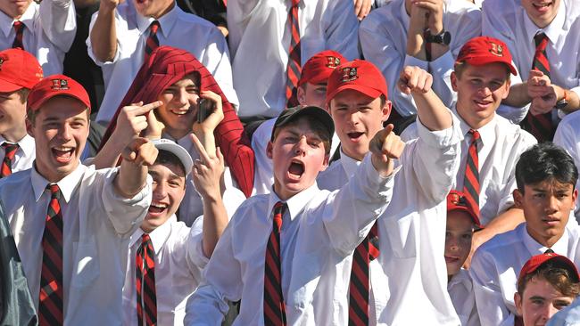 Gregory Terrace supporters. Brisbane schools rugby's biggest rivalry / grudge match Nudgee College v Gregory Terrace. Saturday August 3, 2018. Picture: John Gass.