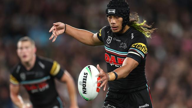 Panthers star Jarome Luai kicks the ball during the NRL preliminary final match between Penrith and Melbourne at Accor Stadium. Picture: Getty Images