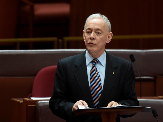 Bob Day delivering his maiden speech in the Senate chamber in 2014. Picture: AAP Image/Lukas Coch