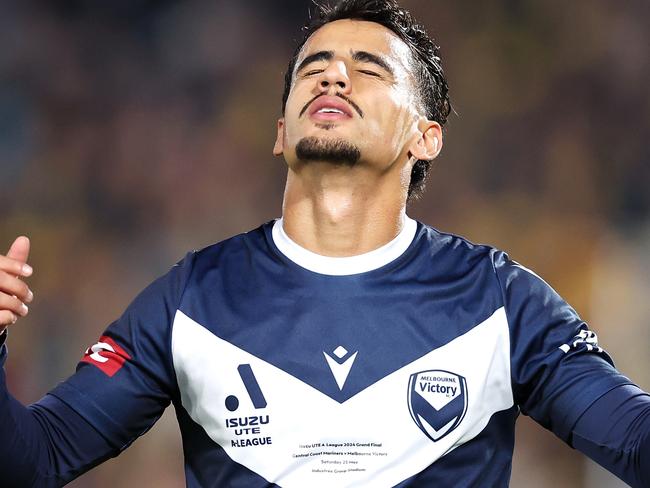 GOSFORD, AUSTRALIA - MAY 25: Daniel Arzani of the Victory reacts after a missed chance during the A-League Men Grand Final match between Central Coast Mariners and Melbourne Victory at Industree Group Stadium on May 25, 2024, in Gosford, Australia. (Photo by Robert Cianflone/Getty Images)