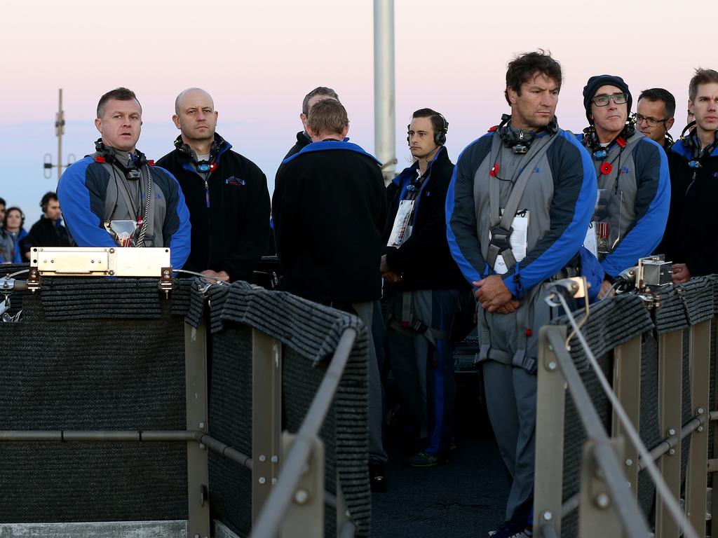 A dawn service was held on the summit of the Sydney Harbour Bridge to commemorate ANZAC Day. Money raised by the members of the public who climbed the bridge went to RSL DefenceCare. NRL CEO Todd Greenberg and former Parramatta Eels player Nathan Hindmarsh were some of those in attendance. Picture: Toby Zerna