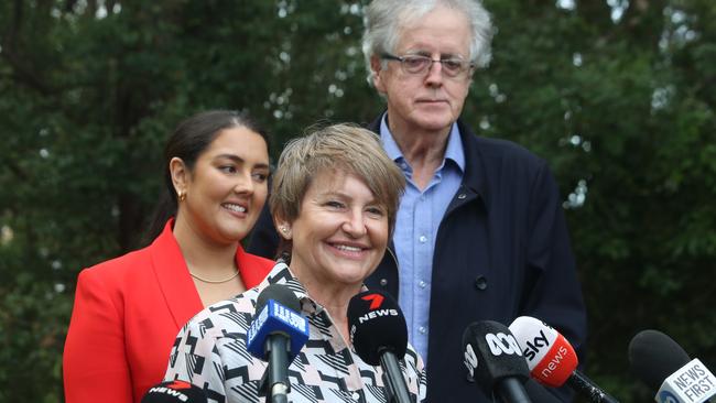 Kathleen Folbigg’s lawyer Rhanee Rego, barrister Robert Cavanagh and friend Tracy Chapmanspeak at a Coffs Harbour press conference on Tuesday morning. Picture: NCA NewsWire/Toni Fuller