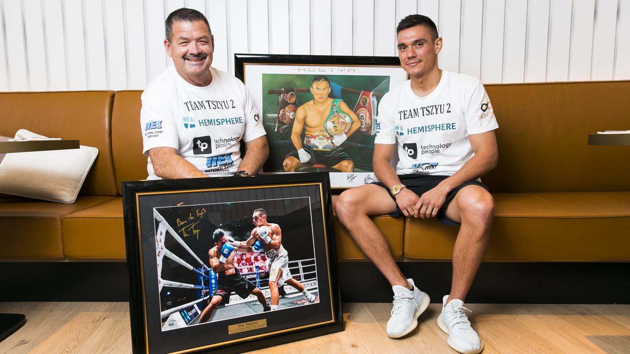 Boxer Tim Tszyu, with his manager Glen Jennings and memorabilia to be donated at his fight to raise money for late rival Dwight Ritchie, who died sparring last month. Picture: Dylan Robinson