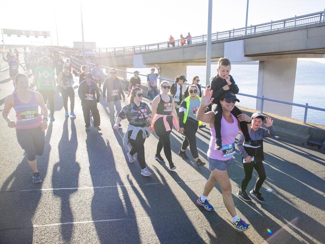 Run the Bridge Fun Run 2020 across Tasman Bridge. Picture: RICHARD JUPE