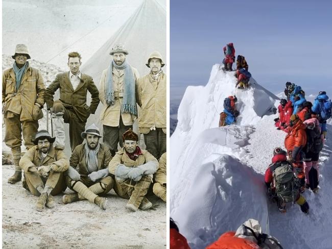 1924 Mount Everest Expedition, Back row (left to right) - Andrew Irvine, George Mallory, Edward Norton, Noel Odell and John Macdonald. Front row (left to right) - Edward Shebbeare, Geoffrey Bruce, Howard Somervell and Bentley Beetham, Tibet, China, Mount Everest Expedition 1924. (Photo by J.B. Noel/Royal Geographical Society via Getty Images)