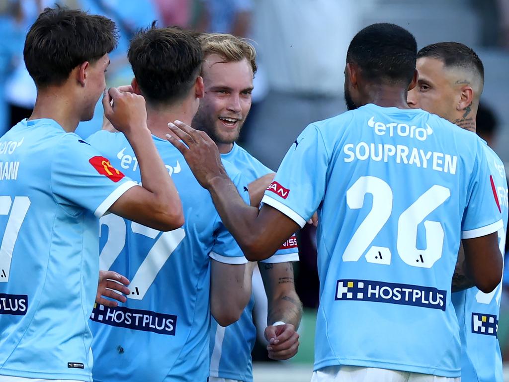 Nathaniel Atkinson celebrates scoring a goal with his Melbourne City teammates. Picture: Getty Images