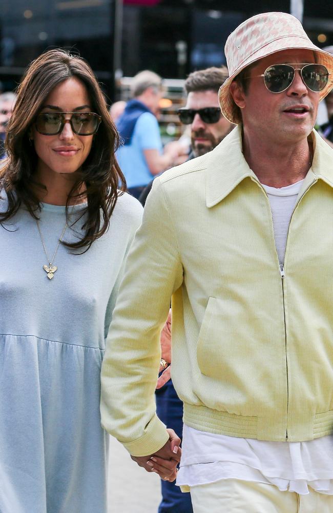Brad Pitt and partner Ines de Ramon arrive ahead of the Formula One Qatar Airways British Grand Prix at the Silverstone Circuit. Picture: Phil Duncan/Every Second Media/Shutterstock