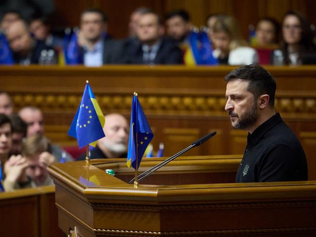 Ukraine's President Volodymyr Zelenskyy addresses members of the Ukrainian parliament in Kyiv, amid the Russian invasion of Ukraine. Picture: UKRAINIAN PRESIDENTIAL PRESS SERVICE / AFP