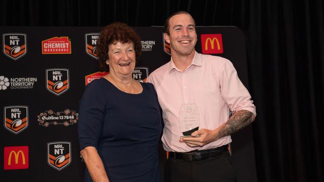 Jackie Edwards and Brodie Morcom at the 2023 NRL NT Frank Johnson / Gaynor Maggs medal night. Picture: Pema Tamang Pakhrin