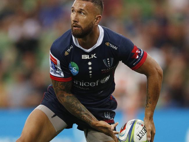 Quade Cooper of the Rebels passes the ball during the Round 3 Super Rugby match between the Melbourne Rebels and the Highlanders at AAMI Park in Melbourne, Friday, March 1, 2019. (AAP Image/Daniel Pockett) NO ARCHIVING, EDITORIAL USE ONLY