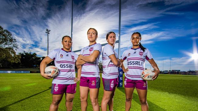 Rugby League Queensland juniors Malaela Su’a [18 years old], Tavarna Papalii (17 years old), Lenniece Wright (17 years old) and Ebony Raftstrand-Smith (17 years old). Picture: Nigel Hallett