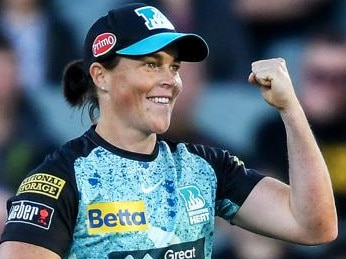 ADELAIDE, AUSTRALIA - DECEMBER 02:  Grace Harris of the Brisbane Heat celebrates after catching the wicket of  Bridget Patterson of the Adelaide Strikers during the WBBL Final match between Adelaide Strikers and Brisbane Heat at Adelaide Oval, on December 02, 2023, in Adelaide, Australia. (Photo by Mark Brake - CA/Cricket Australia via Getty Images)