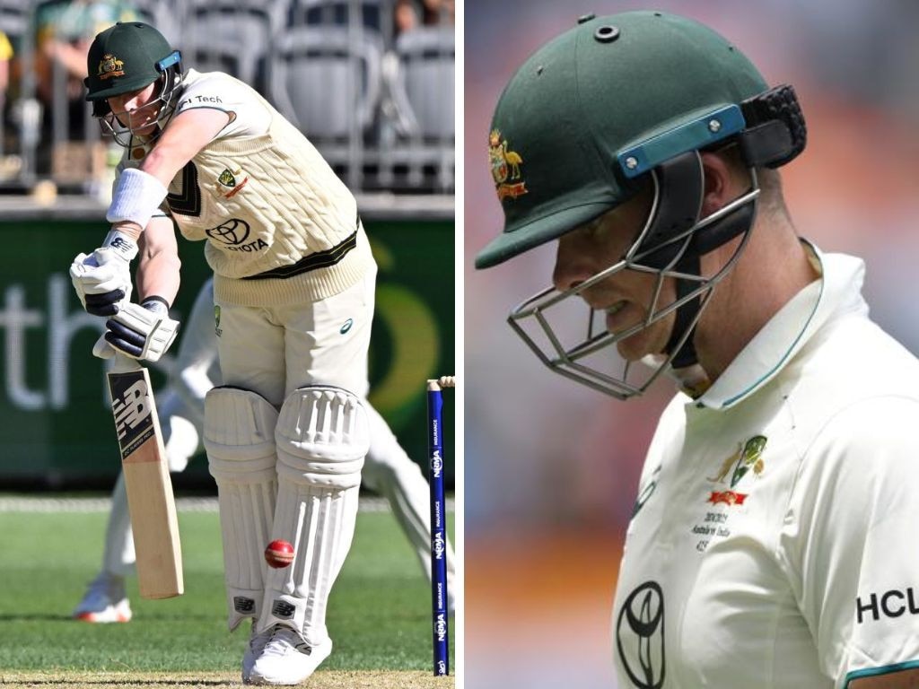 Steve Smith's golden duck and reacting after getting out in the second innings. Photos: Getty Images/AFP