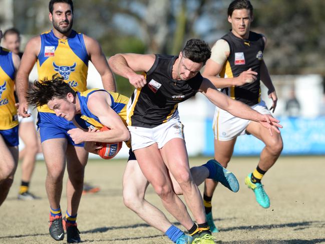 Luke Nelson rides a bump for Noble Park in the Round 18 clash against Balwyn this year. Picture: Chris Eastman/AAP