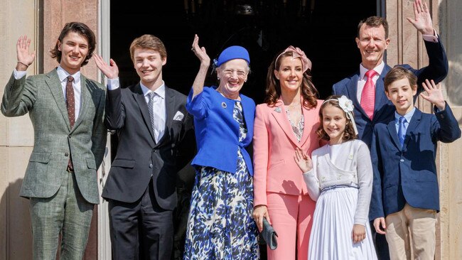 Queen Margrethe of Denmark with her son Prince Joachim, his wife Princess Marie and the grandchildren who will lose their titles, from left, Nikolai, Felix, Athena and Henrik. Picture: Patrick van Katwijk/getty images/The Times