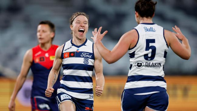 Geelong’s Mikayla Bowen (left) celebrates a goal with teammate Jackie Parry. Picture: Dylan Burns/AFL Photos via Getty Images