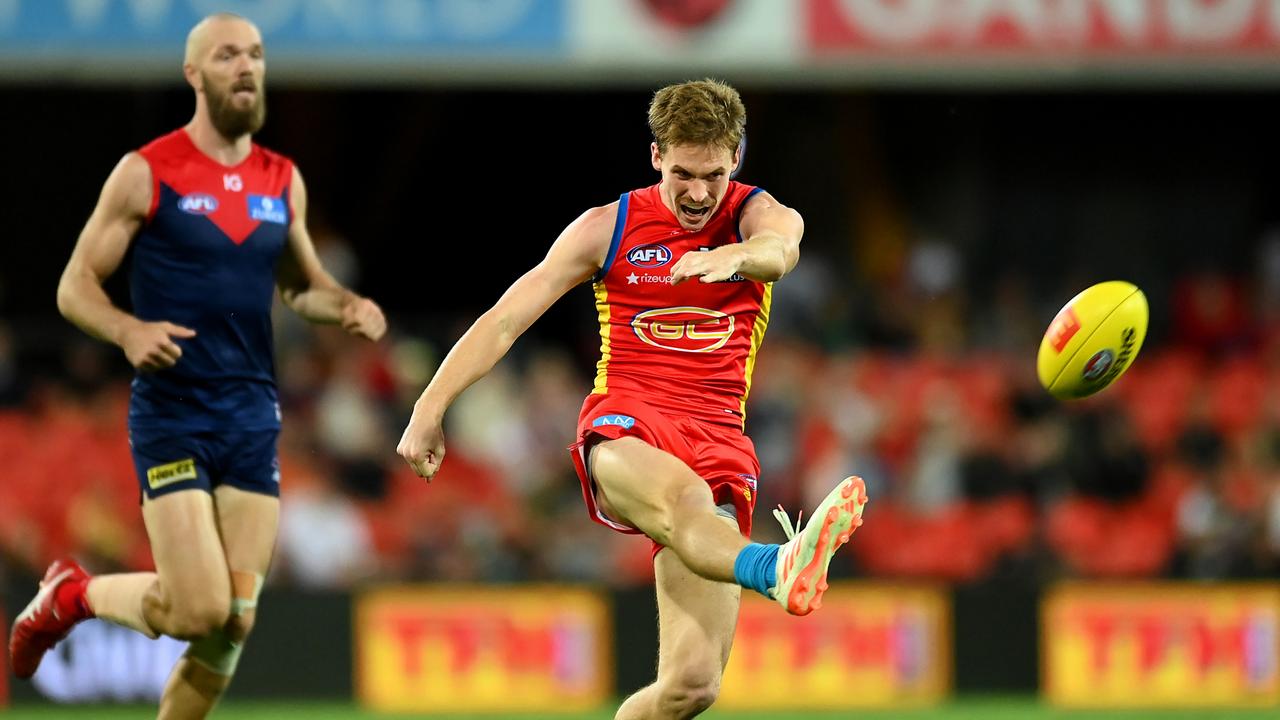 GOLD COAST, AUSTRALIA - MAY 06: Noah Anderson of the Suns in action during the round eight AFL match between the Gold Coast Suns and the Melbourne Demons at Heritage Bank Stadium, on May 06, 2023, in Gold Coast, Australia. (Photo by Albert Perez/AFL Photos via Getty Images)