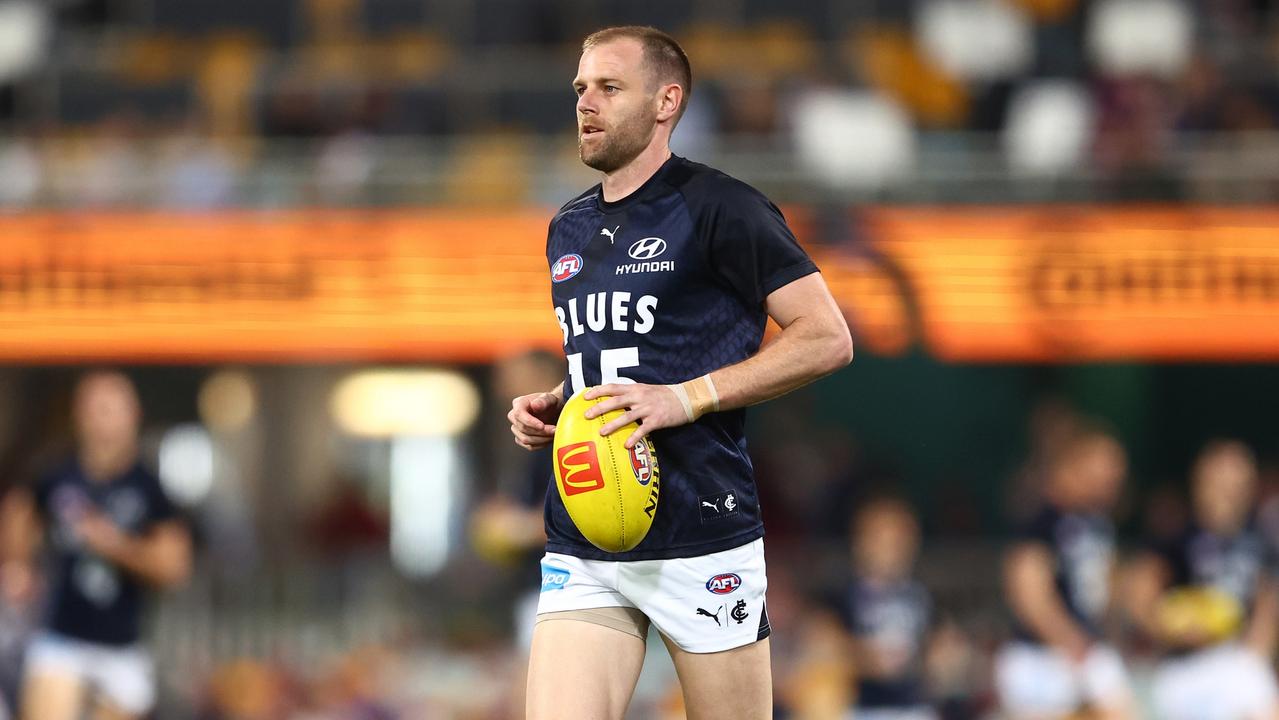 BRISBANE, AUSTRALIA - SEPTEMBER 07: Sam Docherty of the Blues warms up during the AFL First Elimination Final match between Brisbane Lions and Carlton Blues at The Gabba, on September 07, 2024, in Brisbane, Australia. (Photo by Chris Hyde/Getty Images)