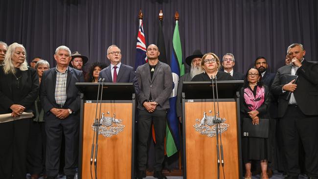 Anthony Albanese holds a press conference with members of the Referendum Working Group in Canberra. Picture: NCA NewsWire / Martin Ollman