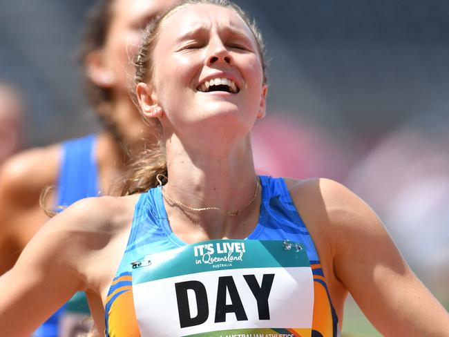 Riley Day of Queensland celebrates winning the womens 200 metres final during day four of the Australian Athletics Championships at Carrara Stadium on the Gold Coast, Sunday, February 18, 2018. (AAP Image/Darren England) NO ARCHIVING, EDITORIAL USE ONLY