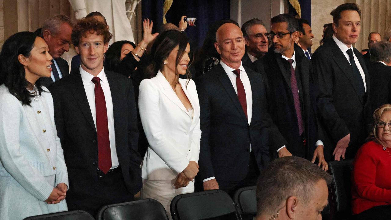 Great achievers, jerks, or both? … a line-up of tec titans at Donald Trump’s inauguration, from left: Priscilla Chan, wife of Mark Zuckerberg with her husband; journalist Lauren Sanchez next to her fiance, Amazon founder Jeff Bezos; Google CEO Sundar Pichai and Elon Musk.