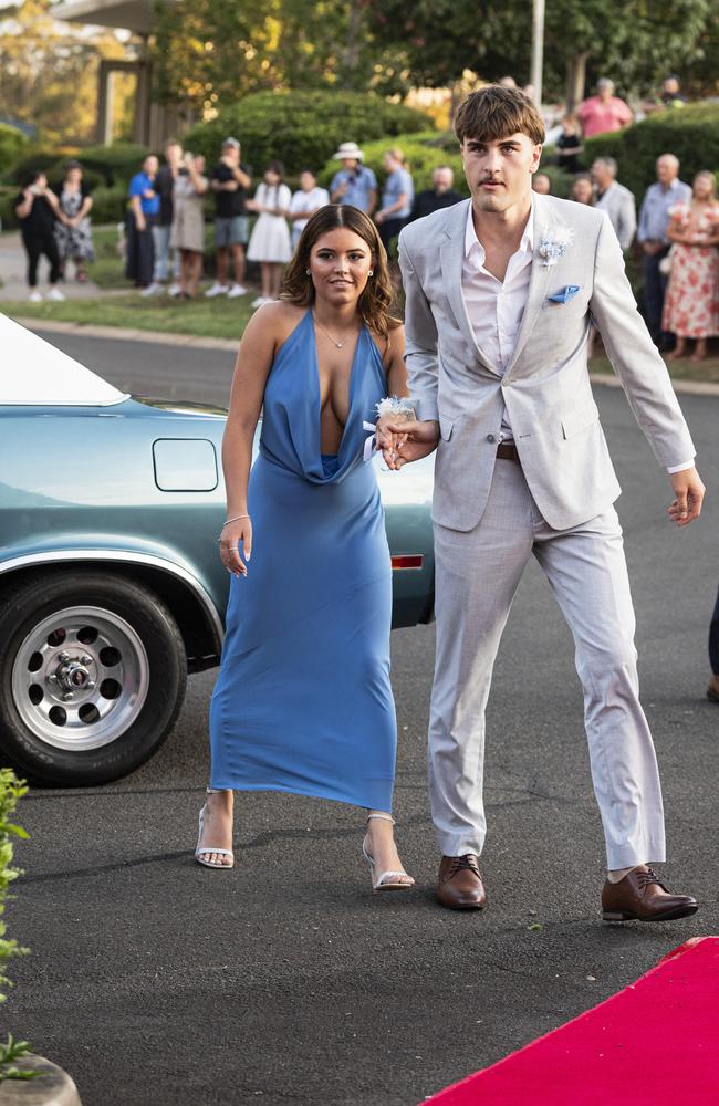 Graduates Chelsea Brunner and Martin Logan arrive at Mary MacKillop Catholic College formal at Highfields Cultural Centre, Thursday, November 14, 2024. Picture: Kevin Farmer