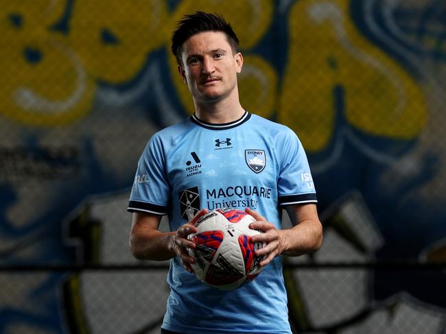 SYDNEY, AUSTRALIA - OCTOBER 09: Joe Lolley of Sydney FC poses for a portrait during the Sydney A-League men's season launch at Ultra Football on October 09, 2024 in Sydney, Australia. (Photo by Brendon Thorne/Getty Images for A-Leagues)