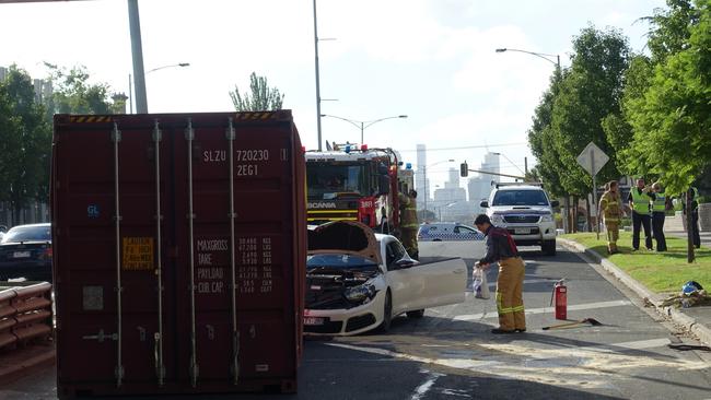 In March a container fell on a car after hitting the bridge. Picture: Martin Wurt