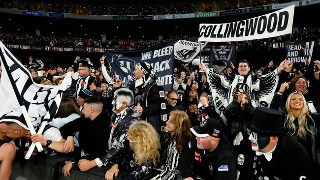 Collingwood fans celebrate the win over GWS Giants at the MCG last Friday. Picture: Getty Images