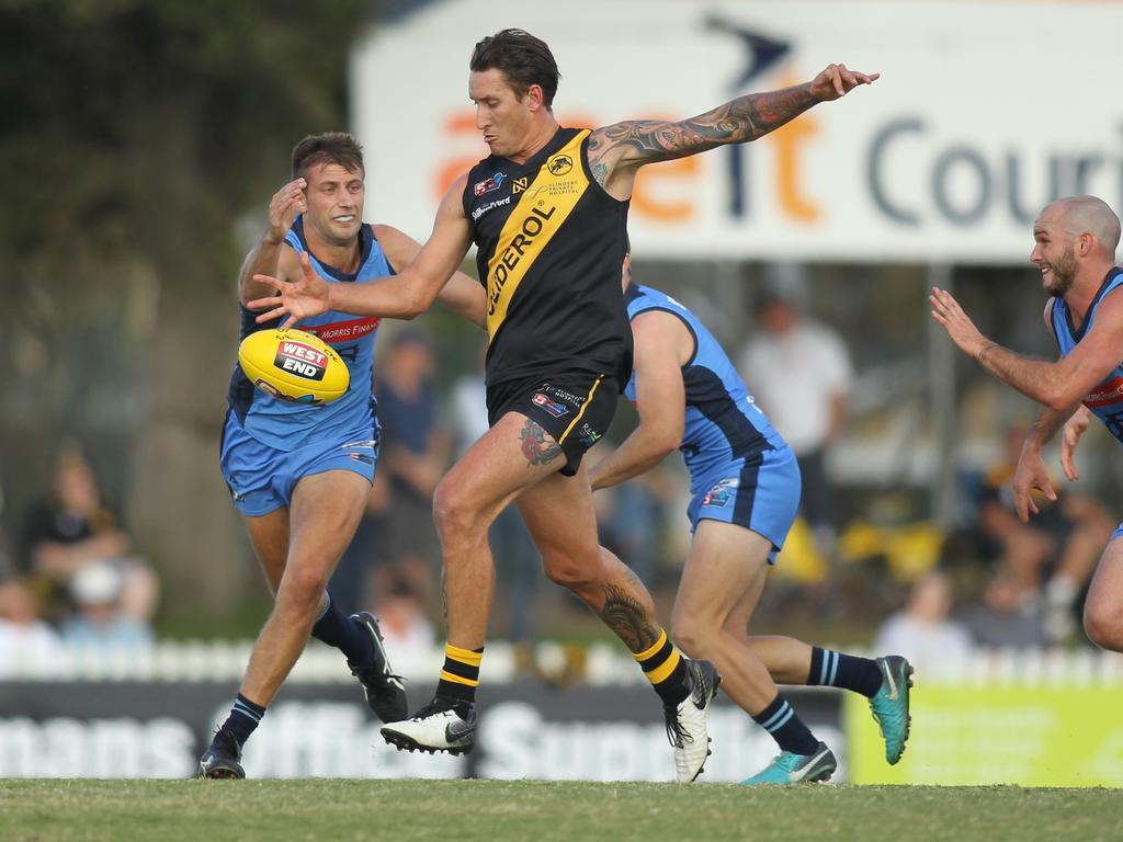 SANFL: Glenelg v Sturt at Glenelg Oval. Glenelg's Jesse White kicks toward goal.19 April 2019. Picture Dean Martin