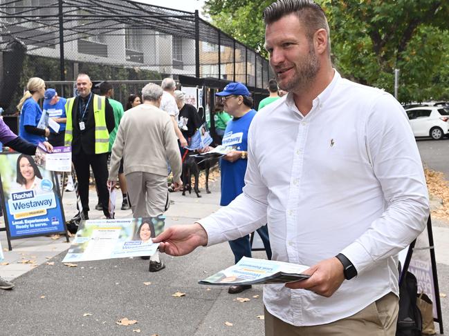 Liberal MP Sam Groth hands out flyers at St Michael’s Grammar School. Picture: Josie Hayden