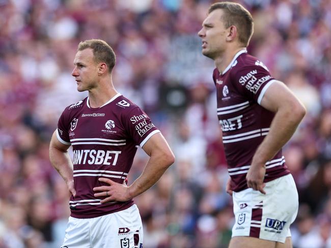 SYDNEY, AUSTRALIA - SEPTEMBER 15: DalyÃÂ Cherry-Evans of the Sea Eagles and Tom Trbojevic of the Sea Eagles react during the NRL Qualifying Final match between Canterbury Bulldogs and Manly Sea Eagles at Accor Stadium on September 15, 2024 in Sydney, Australia. (Photo by Cameron Spencer/Getty Images)