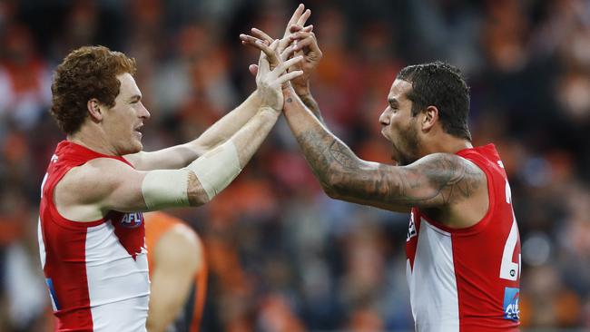 Sydney's Gary Rohan and Lance Franklin celebrate a goal from earlier in the season. Picture: Phil Hillyard