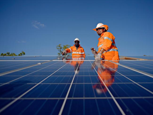 Riggers with a solar panel farm that charges a 2MWh lithium-ion battery bank and provides power to the Daly River community. The first lithium mineral lease has now been awarded  in the Territory