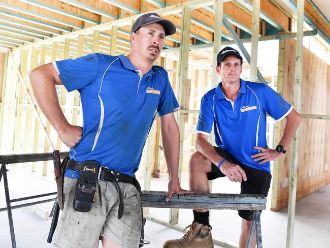 Sunshine Coast builder of 20 years Dave Becker (right) and carpenter Tylar Crack (left). Picture: Patrick Woods.