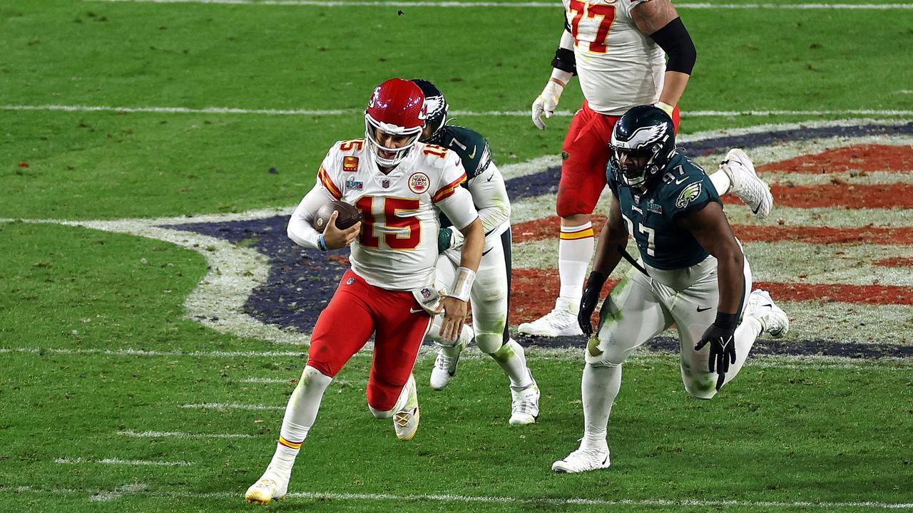 Kansas City Chiefs quarterback Patrick Mahomes takes off on a run against the Philadelphia Eagles during the fourth quarter in Super Bowl LVII at State Farm Stadium in Glendale, Arizona. Picture: Getty Images