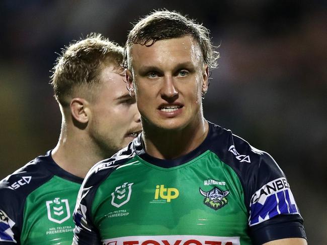 Panthers v Raiders Round 7 NRL match at BlueBet Stadium, Sydney.  Jack Wighton wearing the club's 2022 Anzac jersey. Picture: NRL Photos / Brett Costello