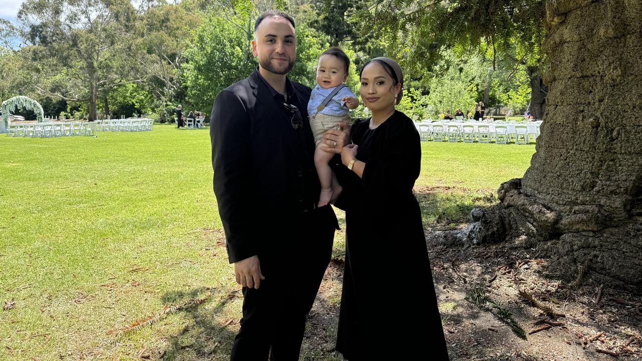 Eight-month-old Ibrahim Hamidi, who has been diagnosed with MS neuroblastoma, with his parents, mum Sherryl Galang and dad Seyid Hamidi. Picture: Supplied