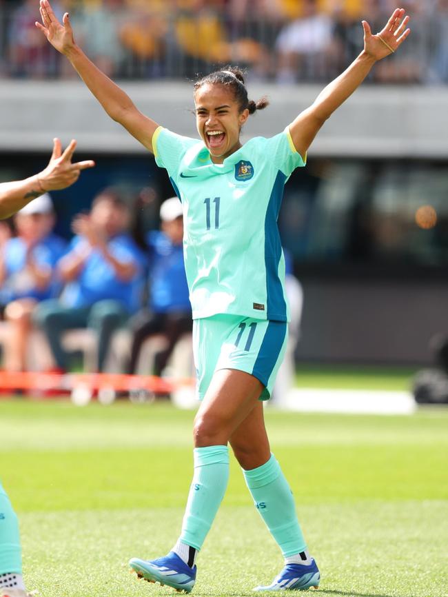 Mary Fowler of the Matildas scores the opening goal in Olympic’s qualifier match. (Photo by James Worsfold/Getty Images)