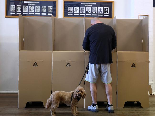 A voter fills a ballot paper at a polling station on Bondi Beach in Sydney - with his furry friend. Picture: AFP